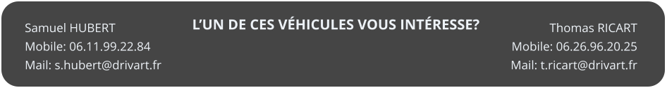 L�UN DE CES V�HICULES VOUS INT�RESSE? Thomas RICART Mobile: 06.26.96.20.25 Mail: t.ricart@drivart.fr   Samuel HUBERT Mobile: 06.11.99.22.84 Mail: s.hubert@drivart.fr